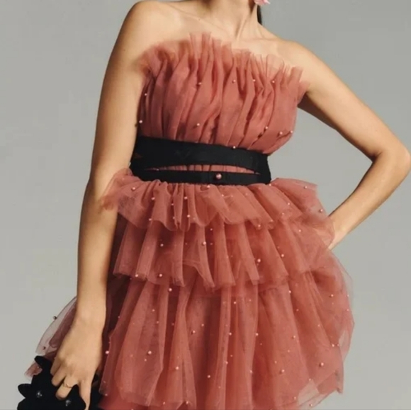 Anthropologie x Maeve Tiered Strapless Tulle Mini Dress in Baked Pink Size 8 - Picture 2 of 10